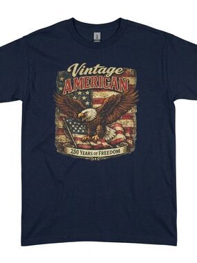 NWT Kid's Gildan Navy Short Sleeve Tee with Eagle & American Flag Graphic